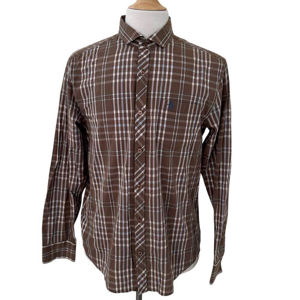Original Penguin Men Classic Fit Long Sleeves Brown Button Front Shirt Size L